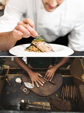 Two images of common values. Top: Chef giving a dish the last finish. Bottom: torcedor rolling cigars