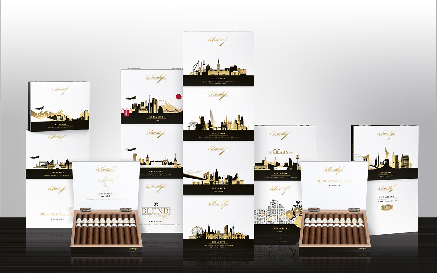 16 Davidoff Exclusives 2021 boxes of 10,  displayed – branded with the country or partner it was created for.