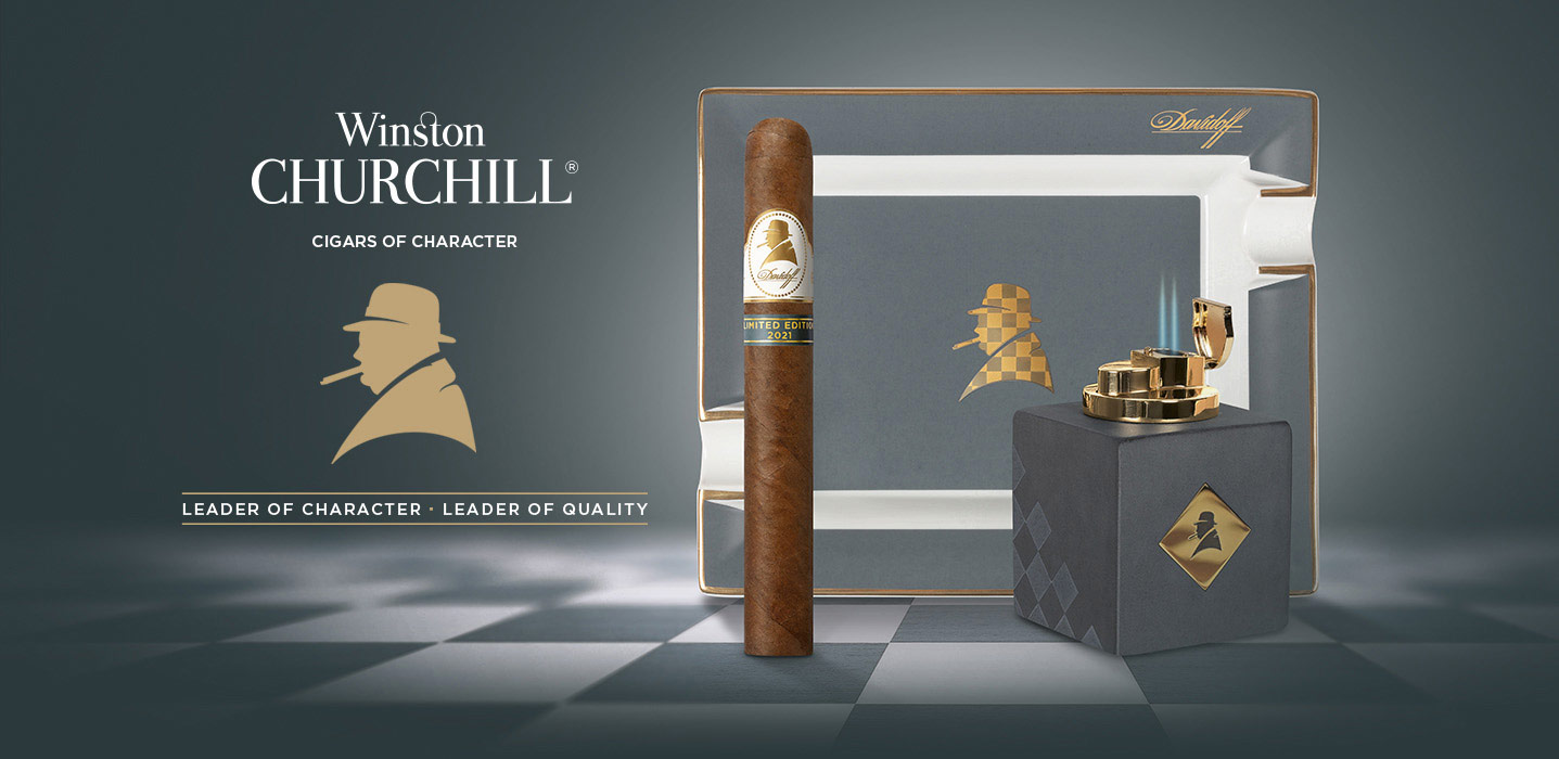 Der Davidoff Winston Churchill 2021 Limited Edition Zigarrenkollektion mit Zigarre, Aeschenbecher und Tischfeuerzeug