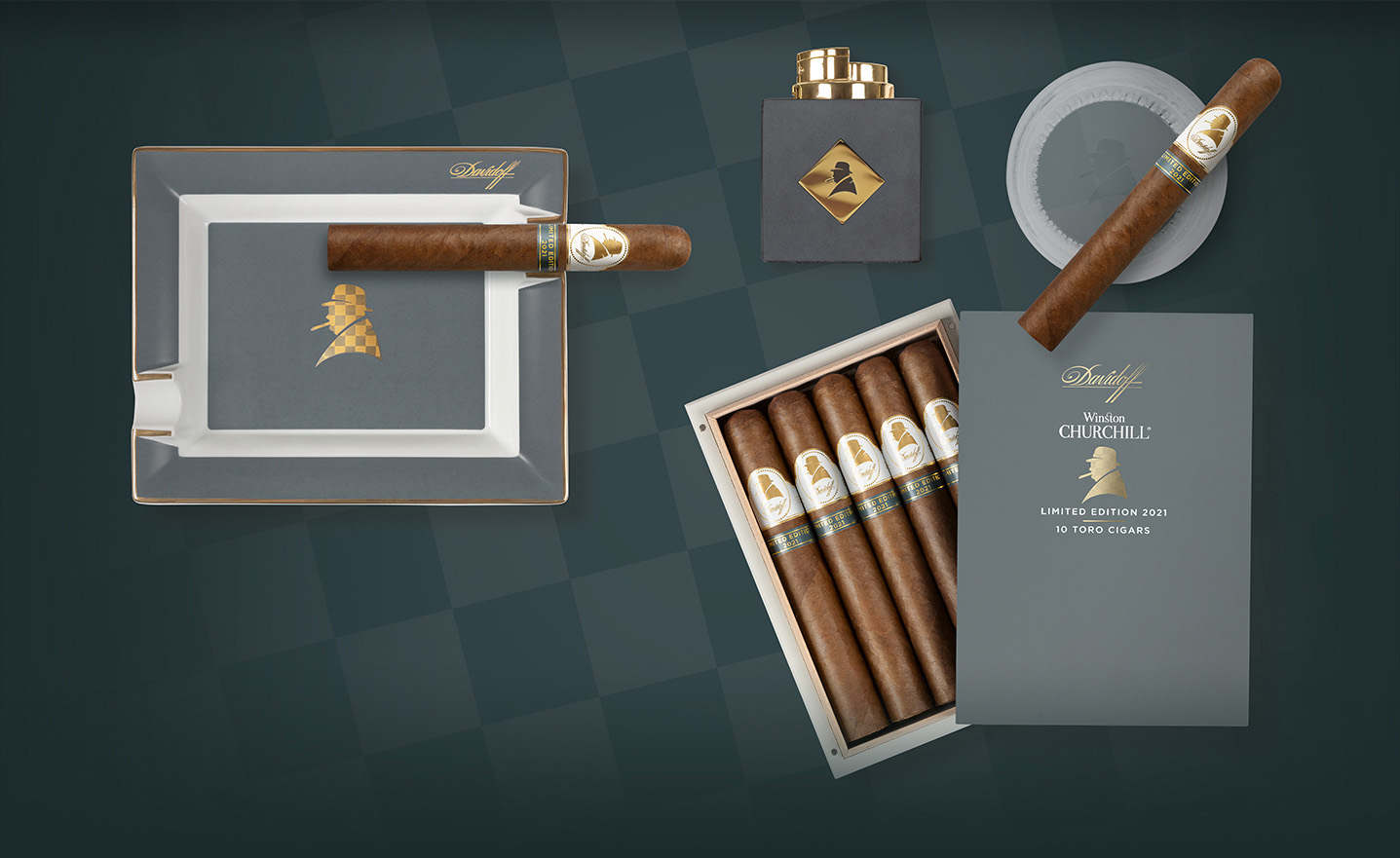 The Davidoff Winston Churchill Cigar Collection 2021 includes a Toro Cigar, an Ashtray and a Table Lighter