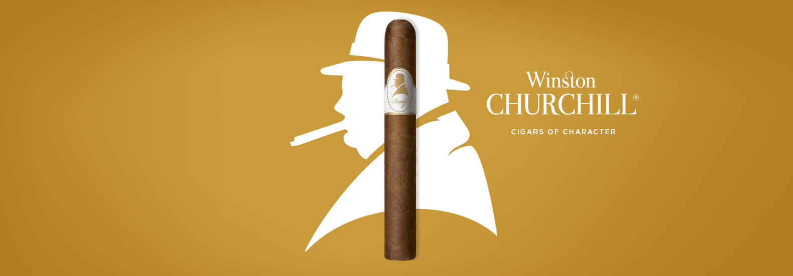 Winston Churchill Original Series Petit Panetela Zigarre mit Winston Churchill Logo im Hintergrund