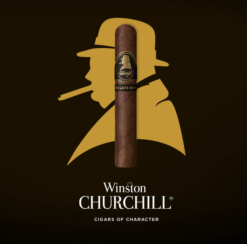 Winston Churchill Late Hour Series Toro Zigarre mit Winston Churchill Logo im Hintergrund